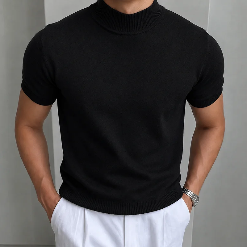 Herren Casual Einfaches Strick-T-Shirt Halbhoher Kragen Weicher Komfort Modisch Einfarbiges Strick-Kurzarm-T-Shirt Mock Neck Pullover – Detail 9