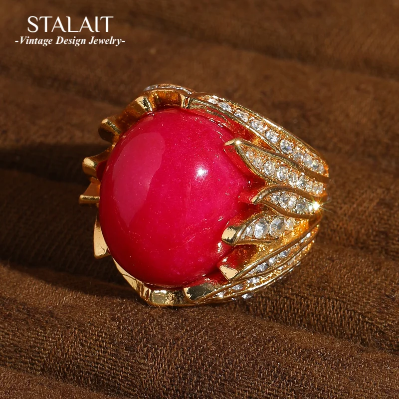 

Vintage Red Natural Stone Ring Rhinestone Angel Wings Gold Color Cubic Zircon Woman Accessories Luxury Quality Jewelry 2025 New