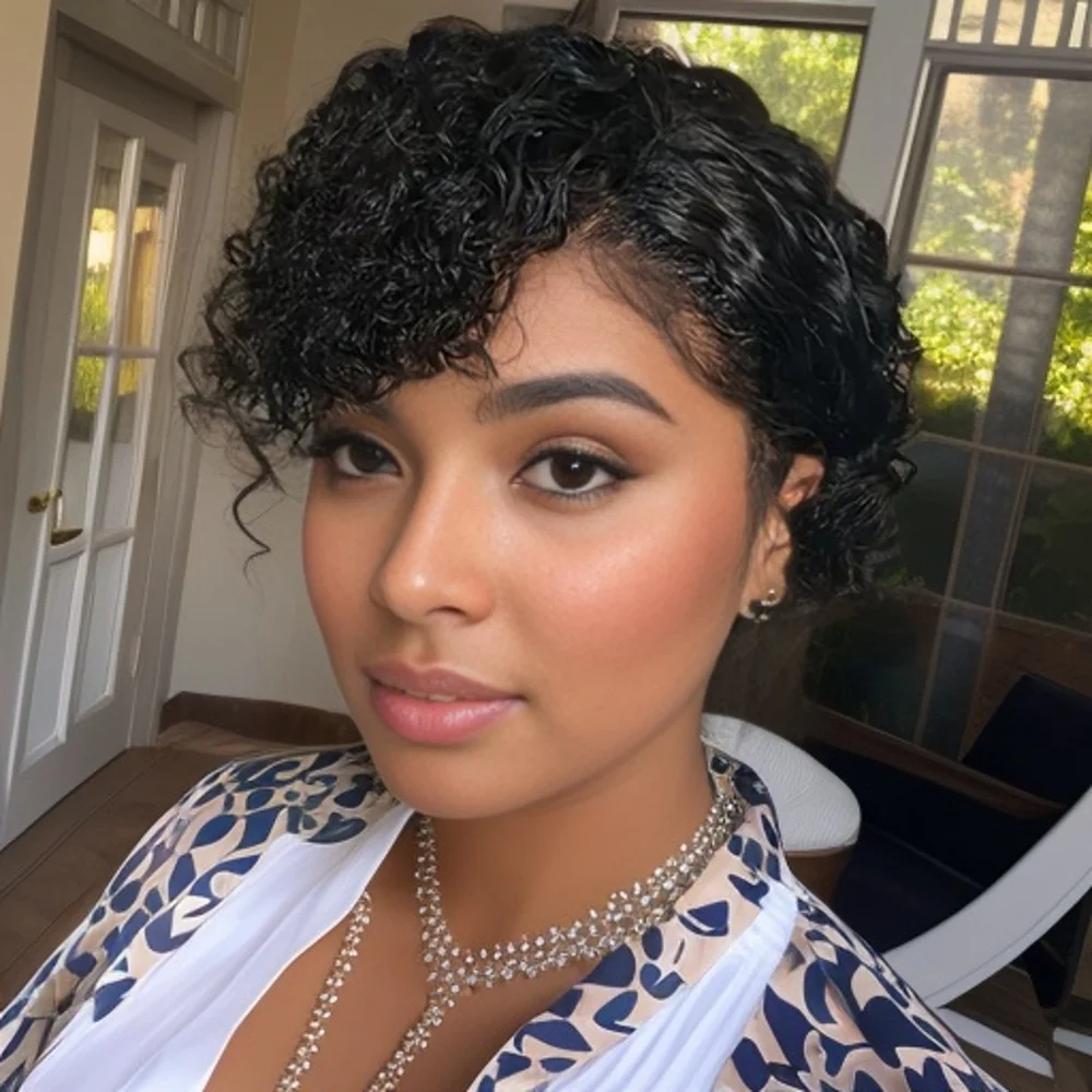 짧은 곱슬 픽시컷 가발 인모 13X4X1 클로저 글루리스 가발 인모 프리 플러킹 프리 컷