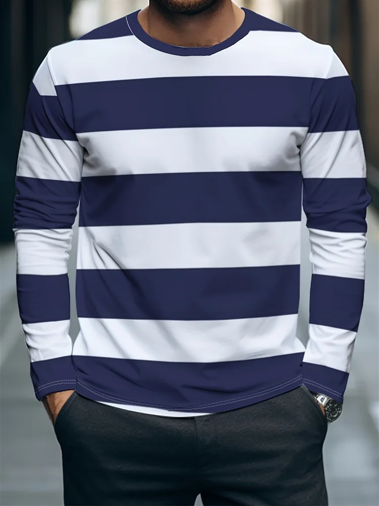 Men's Black White Red Striped Long Sleeve T-Shirt Color Block Bird Print Pullover Tops Gift New 2026 Streetwear Casual Hot
