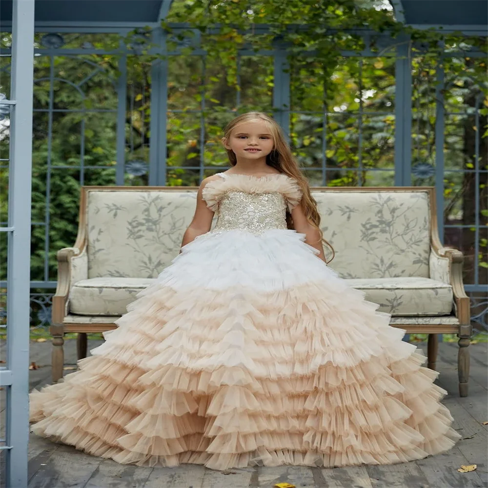 

Luxury Layered Flower Girl Dresses Birthday Weddings Long Trains Sacrament Junior Bridesmaid Dresses Celebration Banquets