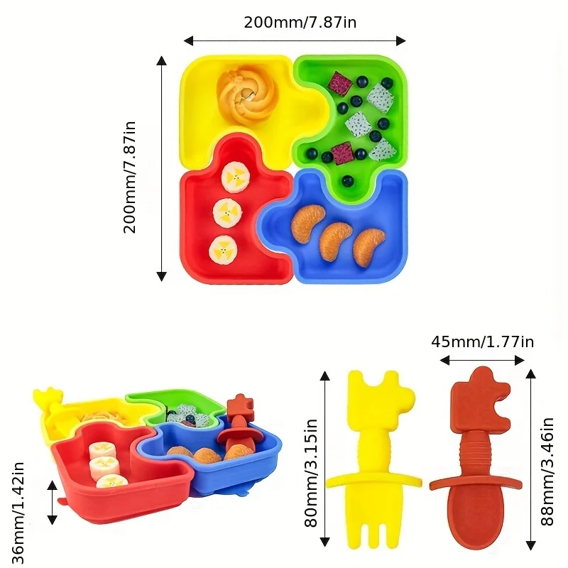 6개/세트 아기용 실리콘 식기 세트에는 스푼 1개, 포크 1개, 흡수성 고온 저항 접시 4개가 포함됩니다.