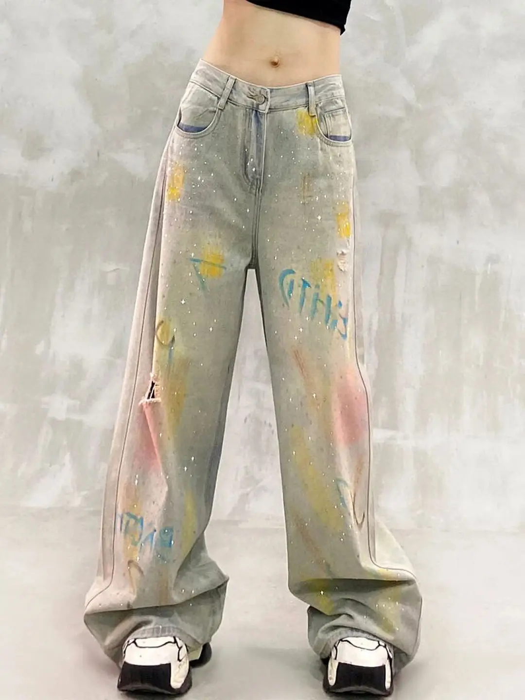 Colorful Graffiti Hot Diamonds Hole Casual Women Denim Trousers New Spring Summer All-match High Waist Wide Leg Straight Jeans