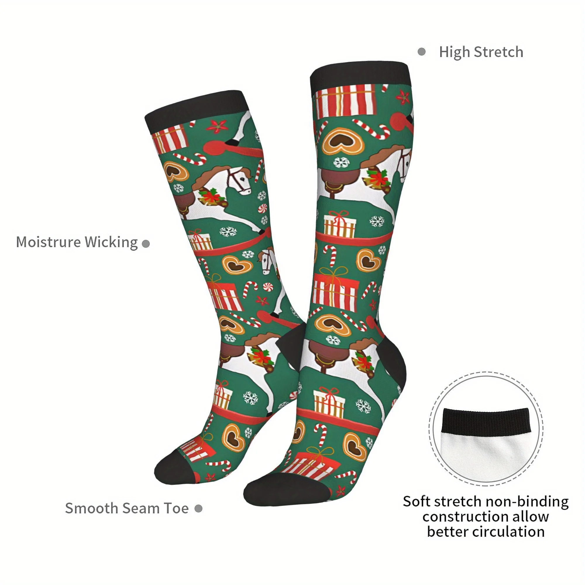 جوارب هيب هوب لعيد الميلاد، تصميم عتيق لخبز الزنجبيل على شكل حصان هزاز، مناسب للرجال والنساء #6