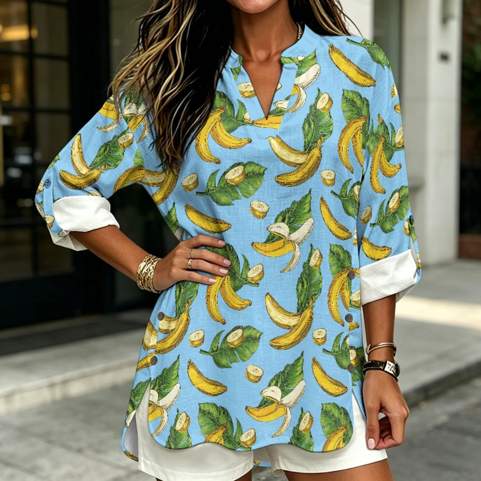 PENSTROLL Banana Lightweight Tunic Shirts for Ladies Linen Like Long Sleeve Tops V Neck Blouses