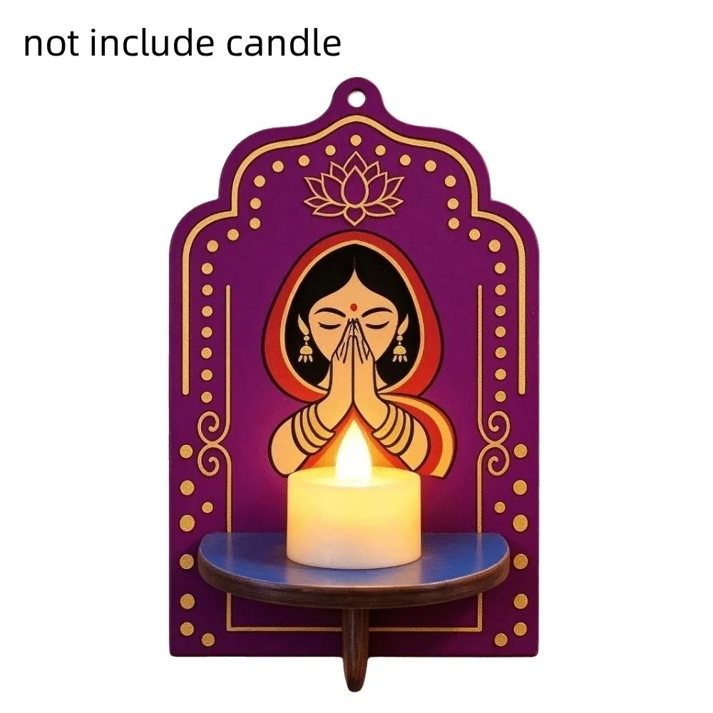 Multi-Functional Wooden Wall Mounted Shelf India Pray Girl 2D Printed Wall Display Stand Lotus Flower Wall Decor Diwali