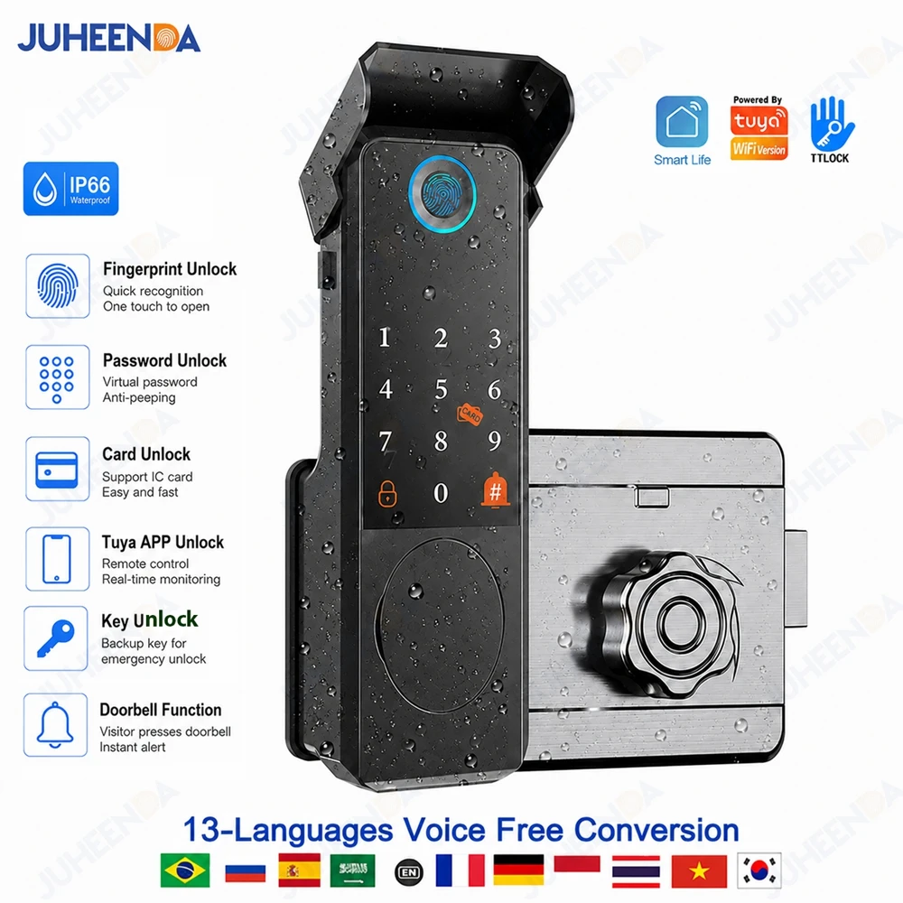 Waterproof Outdoor Gate Smart Lock Tuya TTlock App Biometric Fingerprint Password RFID IC Card Electronic Rim Door Lock for Yard