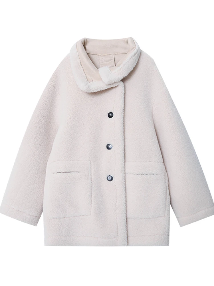 LANMREM Casual Lamb Woolen Coat For Women Stand Collar Single Breasted Pockets Design Loose Coats 2024 Winter New 2Z3051