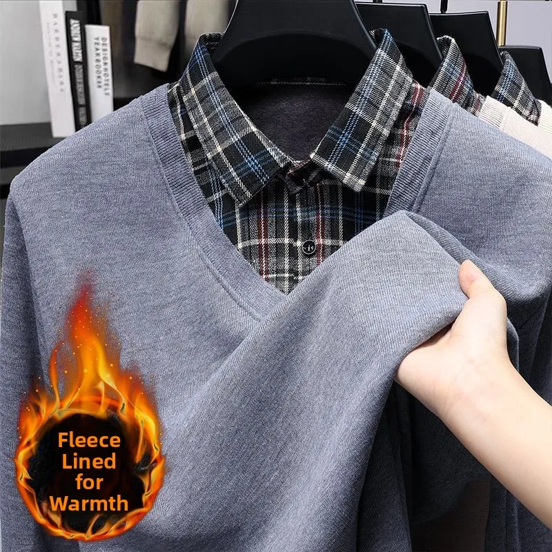 

Мужская трикотажная футболка с имитацией двухслойности, утепленная флисом, с бархатной подкладкой, для делового и повседневного стиля, для мужчин среднего возраста и...