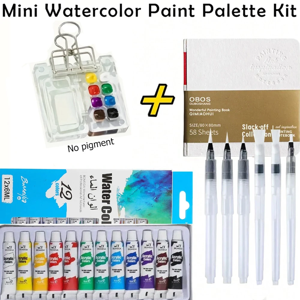 Mini Clear Acrylic Watercolor Paint Set - 8-Well Palette with 12 Colors, 6 Brushes, Clips & Watercolor Paper Notebook