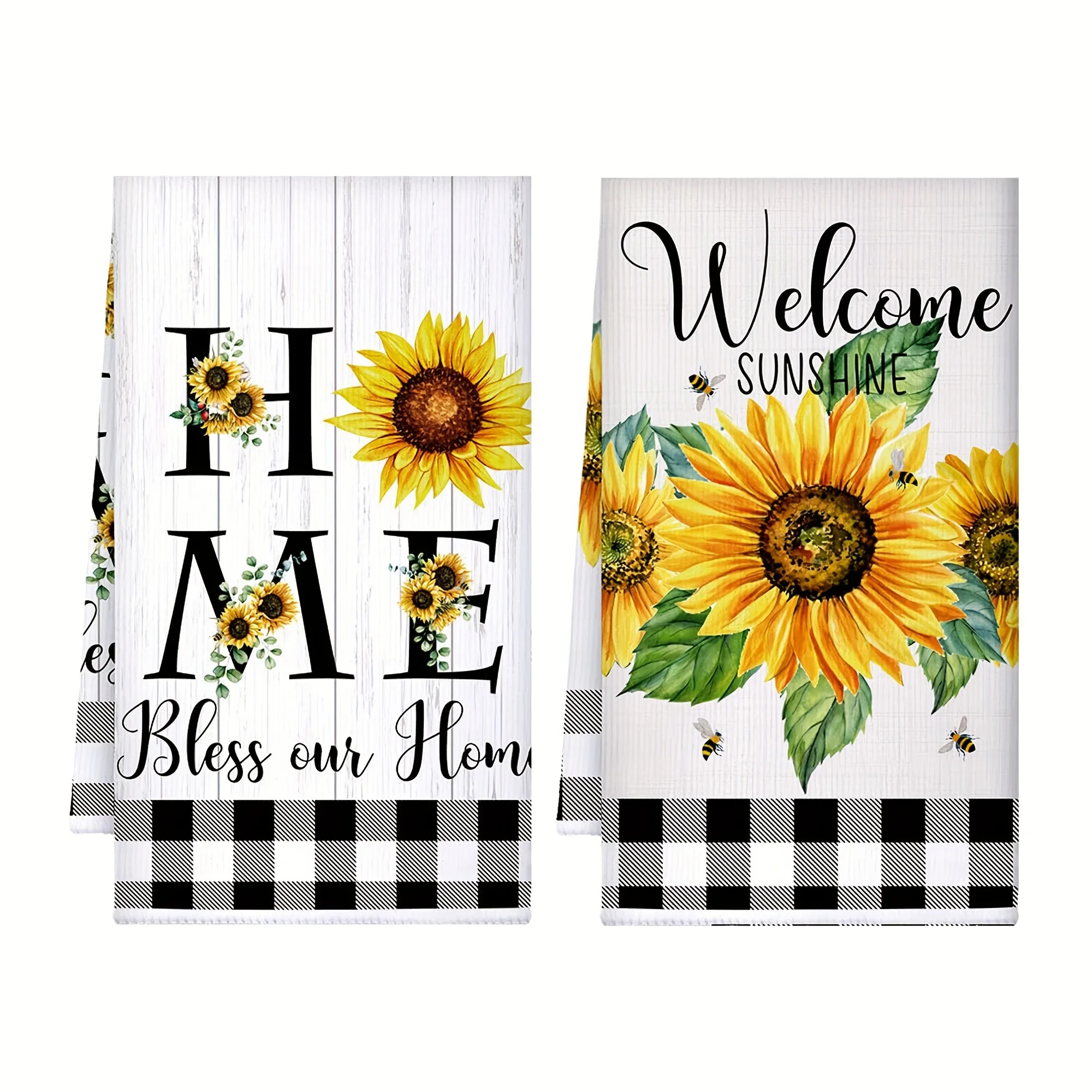 2pcs, Hand Towels, Sunflower Buffalo Plaid Printed Kitchen Towels, Decorative Dish Towels, Fast Drying Scouring Pad, Soft Absorb