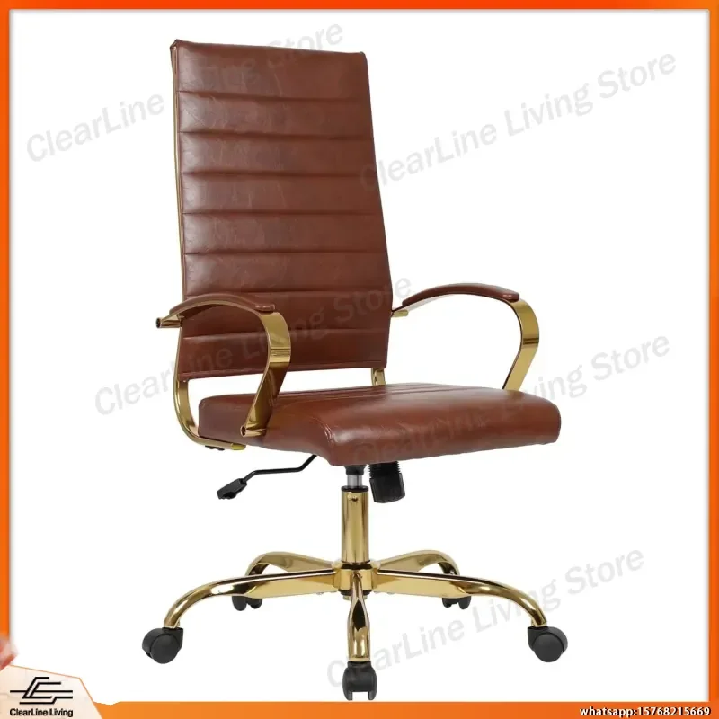 High Back Leather Office Chair Swivel Adjustable Ergonomic Task Chair with Gold Metal Frame for Home Office Workstation Brown