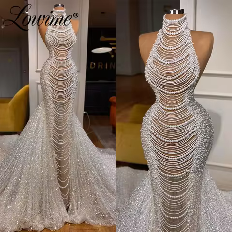Pearls Evening Dress For Wedding Party Customized Long Mermaid Celebrity Dresses Ivory White Beading Tassels Crystal Prom Dress