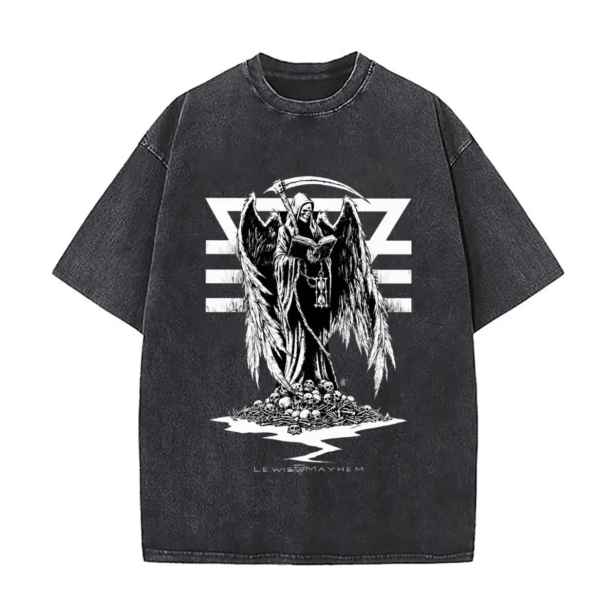 Grim Reaper Angel Wings Scythe Skull Pile Occult Gothic Washed Distressed Loose Streetwear Tops for City Walks