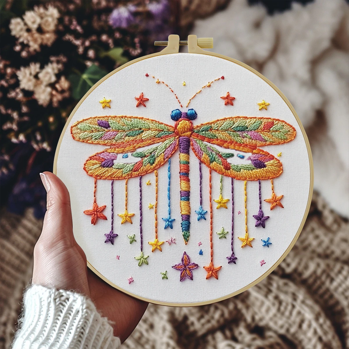 1-teiliges DIY-Stickset, 20 x 20 cm, Libelle, handgefertigtes Wohngeschenk, Büro-Wanddekoration – Detail 1