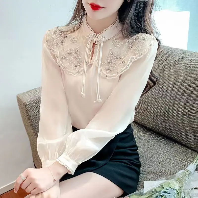 

New Chinese Style Cheongsam Chiffon Shirt Women's Spring Summer Design Sense Heavy Industry Embroidery Stand Collar Blouse Topsh