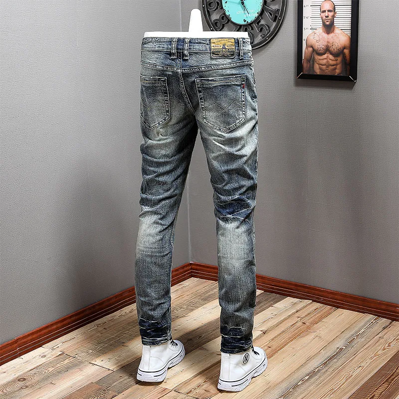 Fashion Designer Men Jeans Retro Yellow Blue Elastic Slim Fit Ripped Jeans Men Hole Trousers Vintage Casual Denim Pants Hombre
