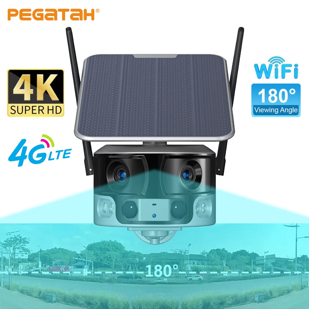 PEGATAH 8MP 4G WIFI Solar Camera Outdoor HD Dual Lens 4X Solar Panel Human Detection PTZ Security Cam Color Night ip Cameras