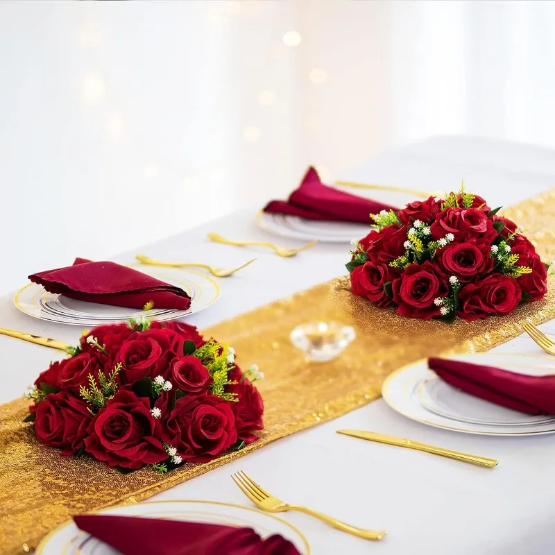Bolas de flores Centro de mesa de rosas de boda: 6 piezas de flores falsas carmesí Bolas de besos Decoración arreglos florales artificiales Flor