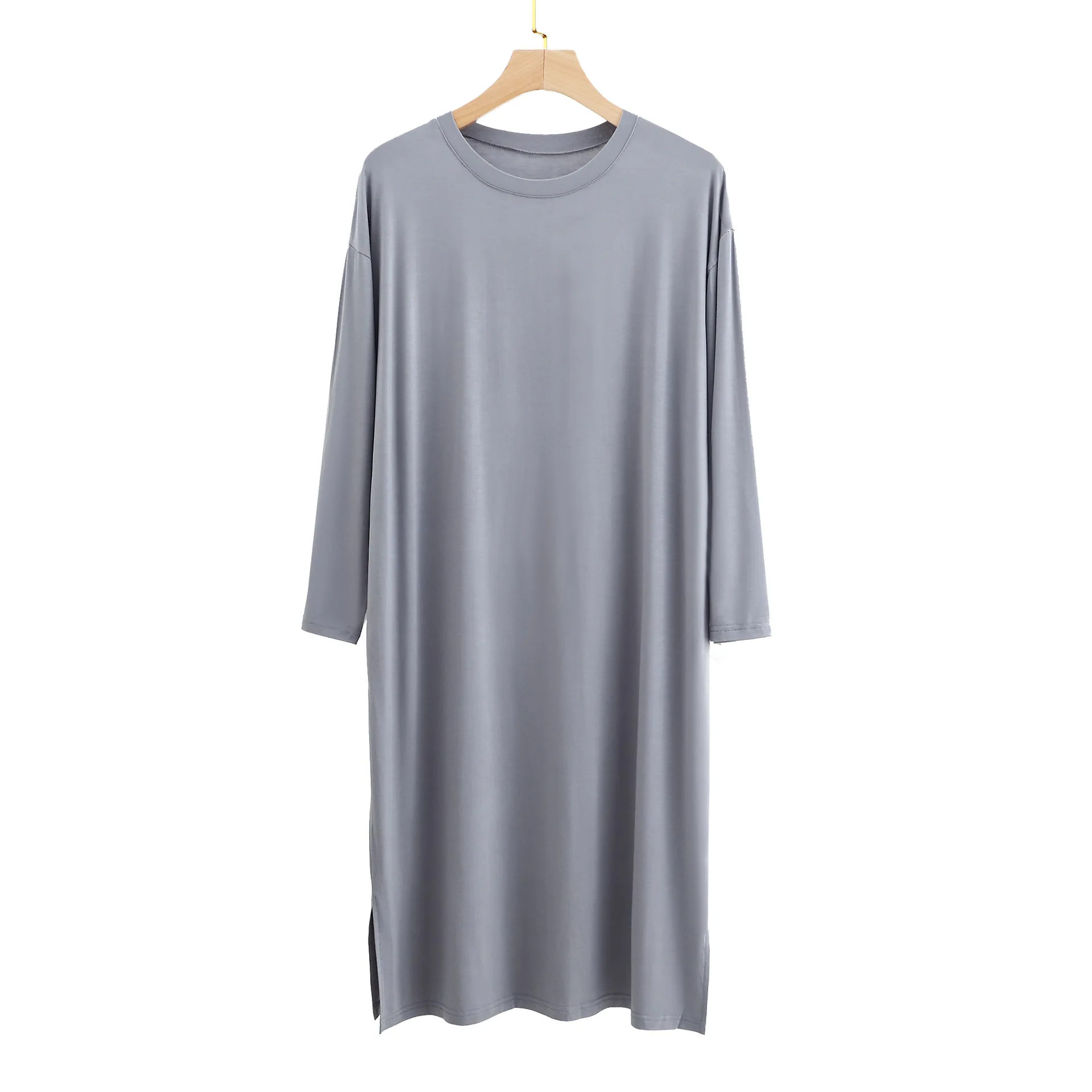 Modal Men's Round Neck Long Sleeve Nightgown Sleepwear Clothes Mid-long Knee Length Soft and Comfortable Nightwear Dresses