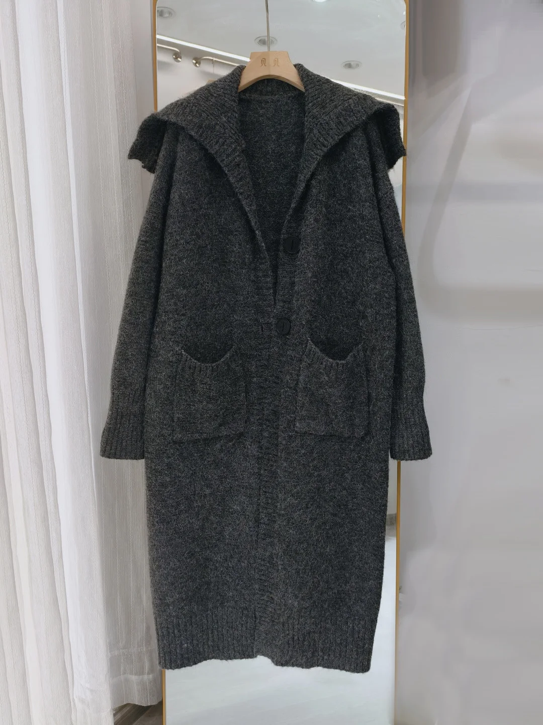 

Women Long Knit Coat 2025 Autumn Winter Navy Collar Loose Cardigan