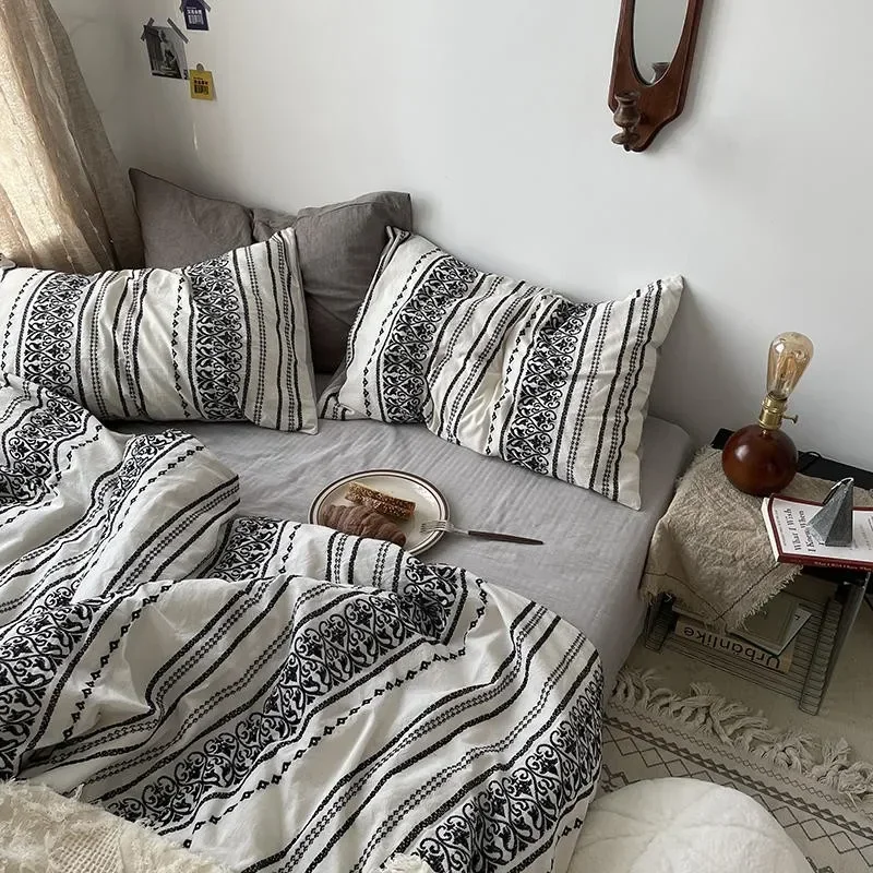 White Black Geometric Stripe Boho Duvet Cover Set Queen King 4pcs Yarn Dyed Wasehed Cotton Comforter Cover Bed Sheet Pillowcases