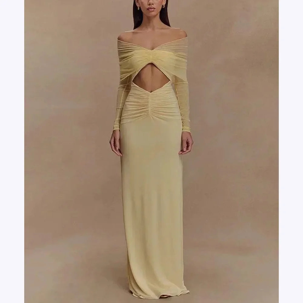 

Sweet Pleats Evening Dresses Chic Off The Shoulder Full Sleeves A-Line Dress Red Carpet Special Occasion Formal Prom Gowns