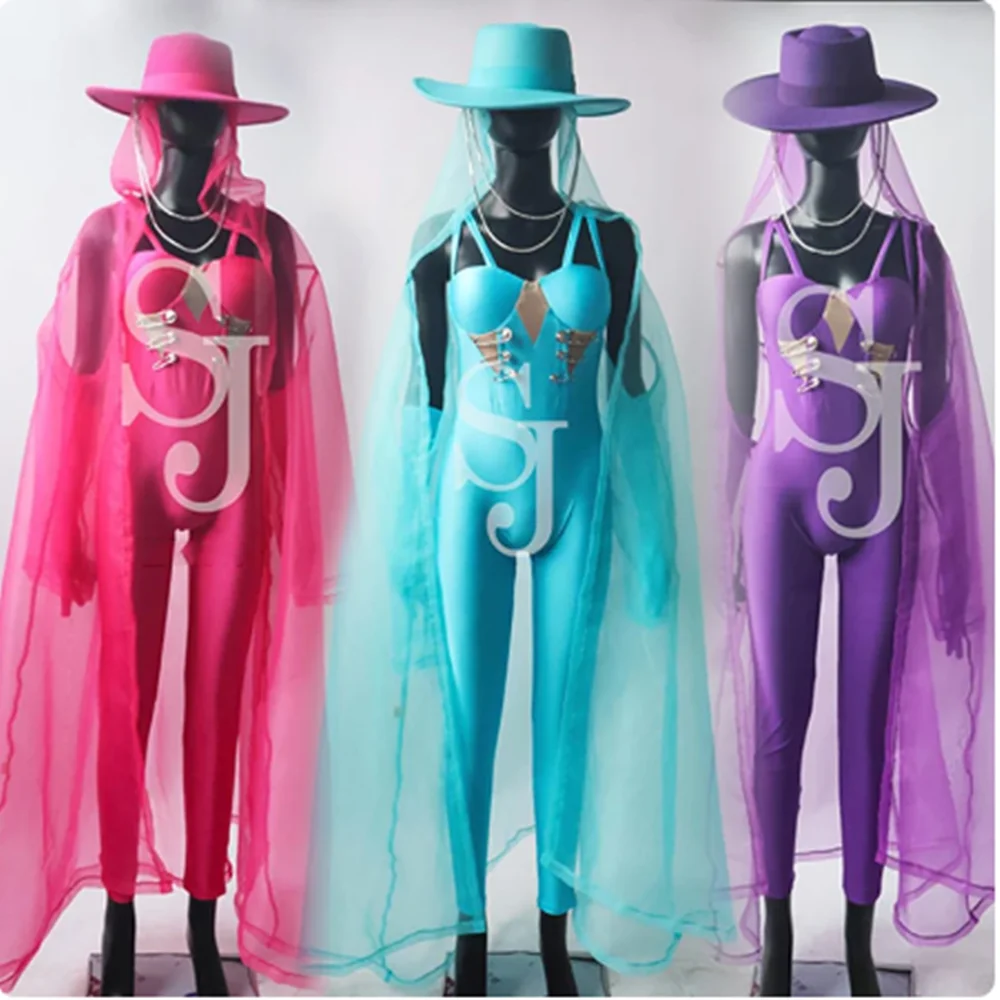 

Multi-Colors Jumpsuit Gogo Dance Stage Costume Hat Mesh Coat Club Bar Jazz Dancewear Singer Performance Wear Rave Outfit