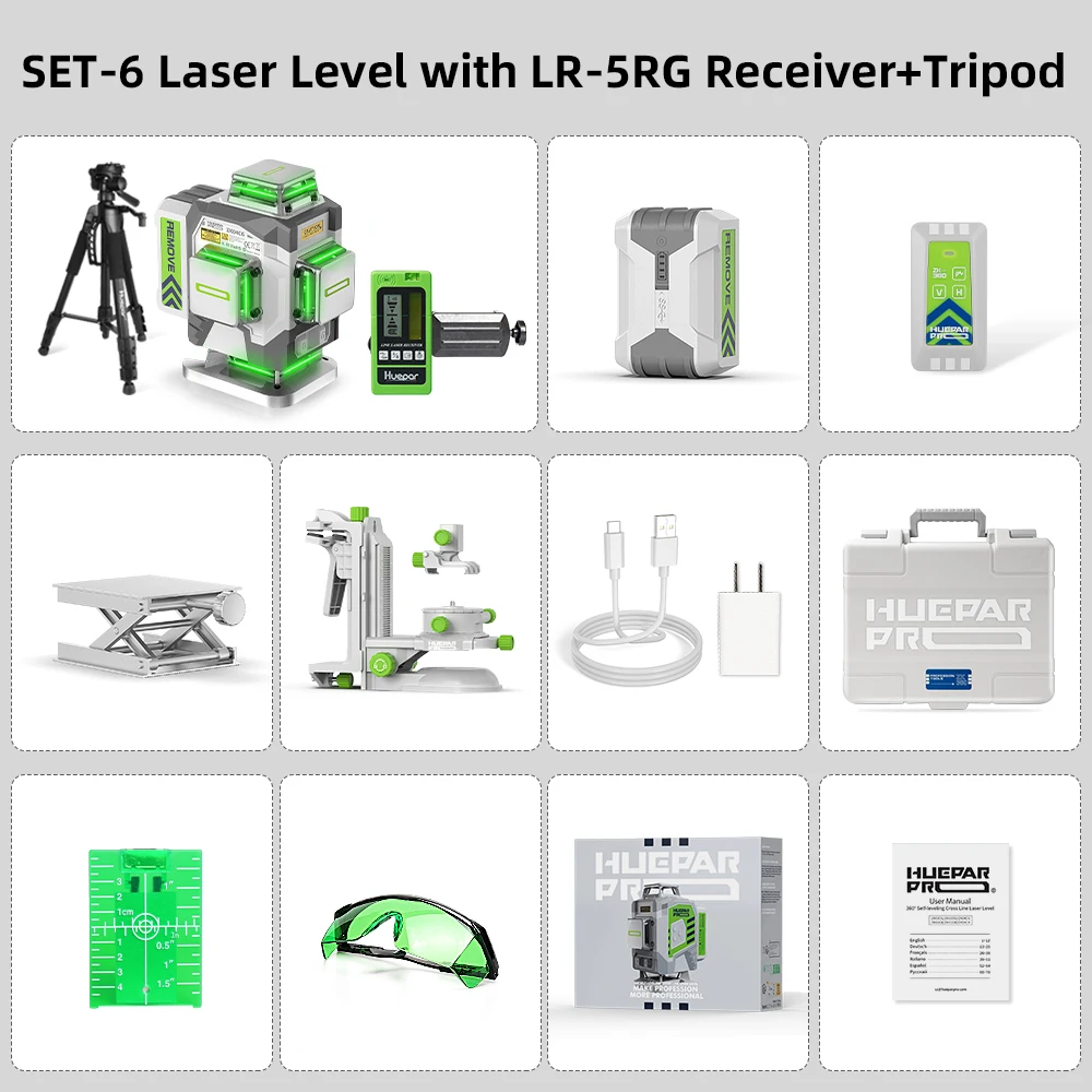 Huepar Professioneel laserniveau 4D 16 lijnen ± 2 mm Hoge nauwkeurigheid groene kruislijnlaser en 8000 mAh Li-ionbatterij voor de bouw