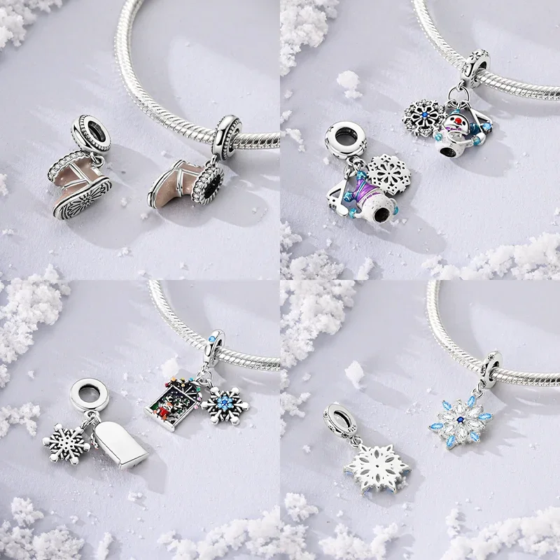 Sterling Silver 925 Charms Winter Snowman Snowflakes Penguin Beads Pendant Fit Original Bracelet Diy Fine Jewelry Gift for Women