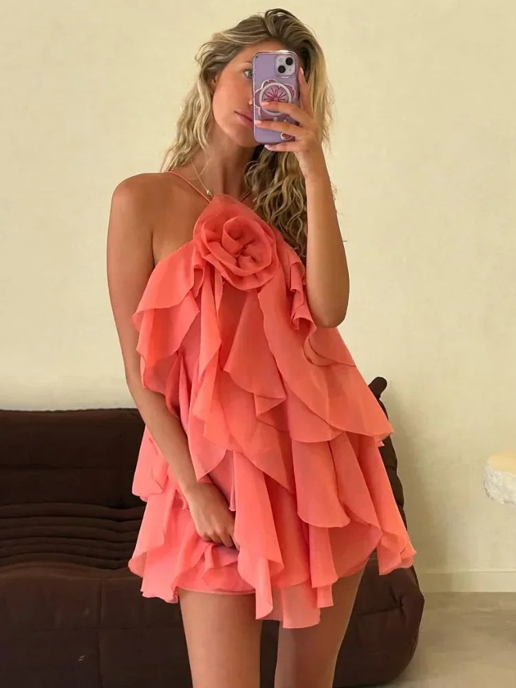 Mini robe à volants empilés pour femmes, fleur 3d, Sexy, sans manches, dos nu, à lacets, col licou, robes courtes, couleur unie, robe de plage, été