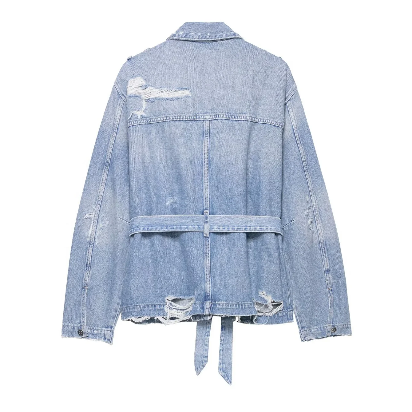 Woman Fashion Denim Jacket Turn-Down Collar Zipper Female Autumn Long Sleeves With Pockets Belted Causal Jackets Clothing