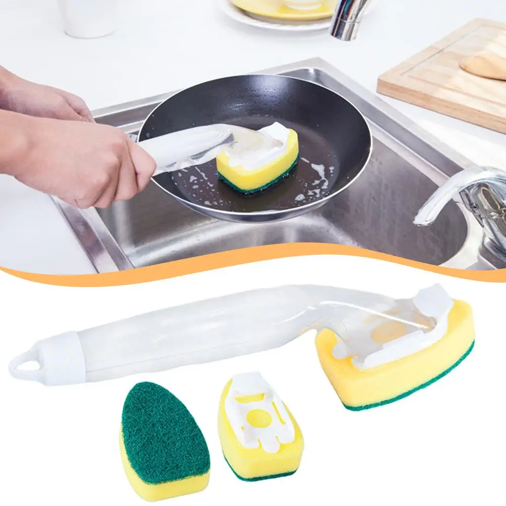 Detergent Pot Brush Long Handle Automatic Liquid Filling Brush Oil Cloth Brush Non-stick Kitchen Sponge Cleaning Detachable B3X0