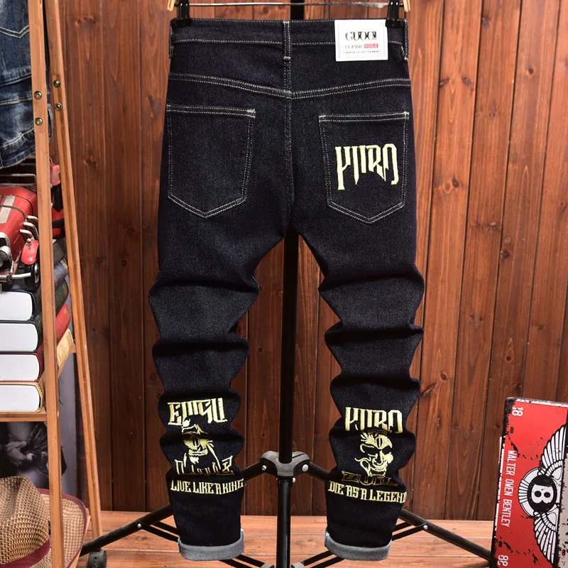 Calça de tornozelo justa masculina apertada, jeans bordados, estampada, marca de moda jovem, primavera e outono