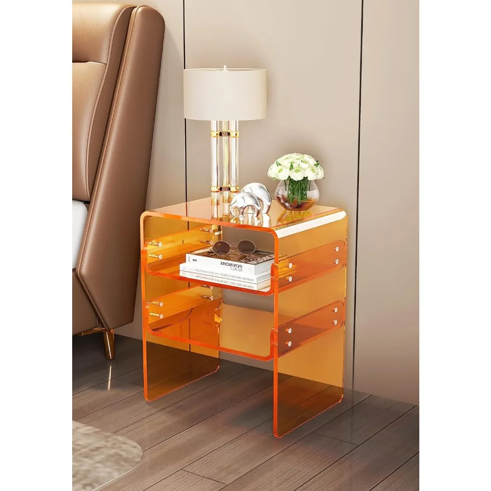 Sleek Acrylic End Table/Nightstand/Bedside Multi-Tiered 3-Level Storage, Space-Efficient 15.7\