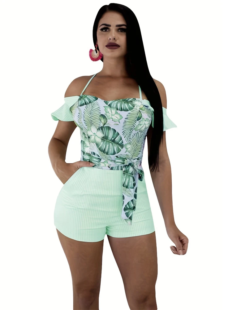 Jumpsuit Sexy Women\'s Summer Elegant Suspender V-neck Fashionable Leaf Print Solid Color Slim Fit Shorts Women\'s Y2k Jumpsuit