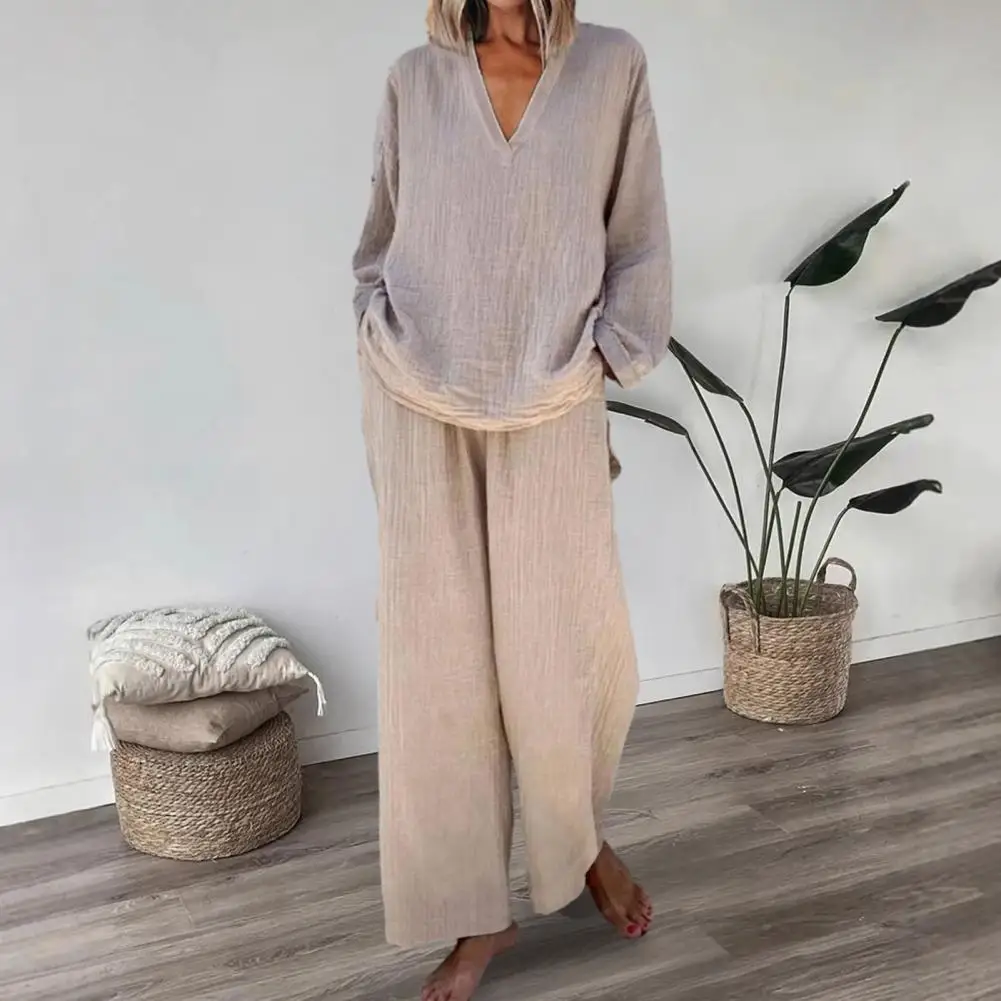 

Women Fashion Coordinates Stylish Women's 2-piece Lounge Set with V Neck Top Wide Leg Pants Pockets Casual for Comfort