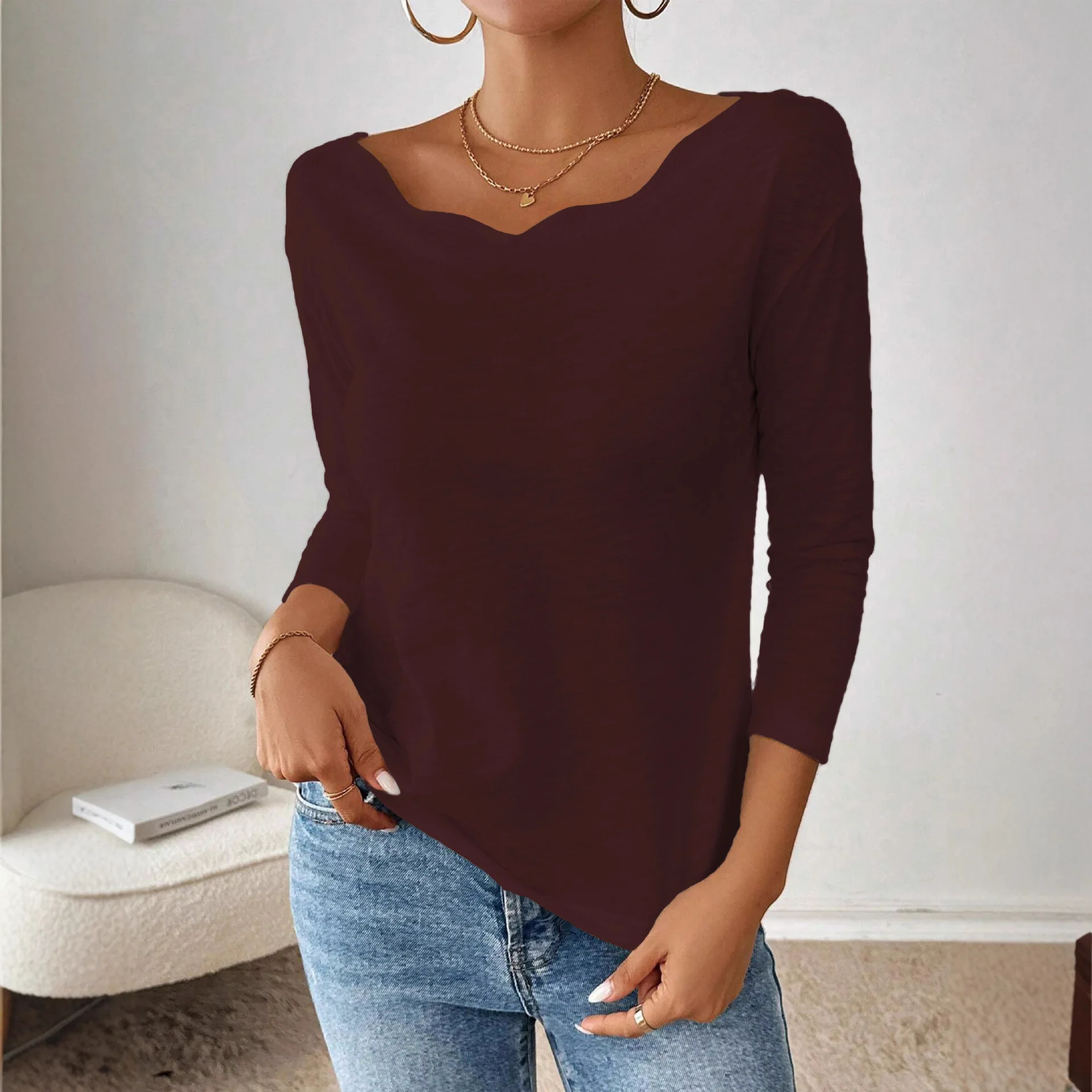 Spring and Autumn Women's Casual Loose Solid Color Curved Hem Crew Neck Long Sleeve T-Shirt