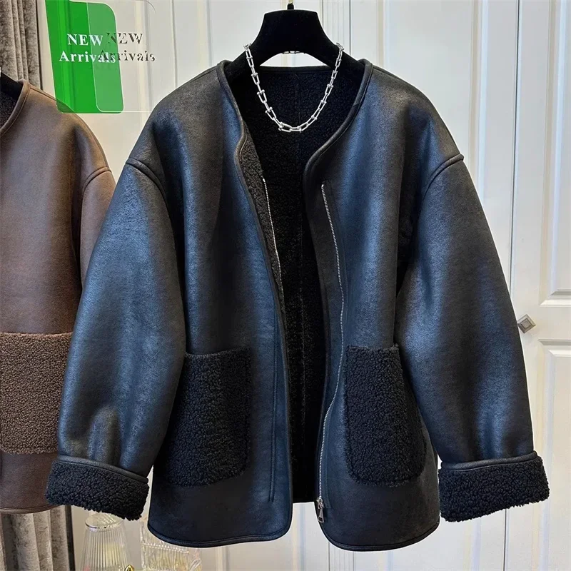 秋の新作ルーズレザージャケット レディース 韓国ファッション ジッパー ファー ステッチ ラウンドネック 女性用コート レザー プラスサイズ 3XL