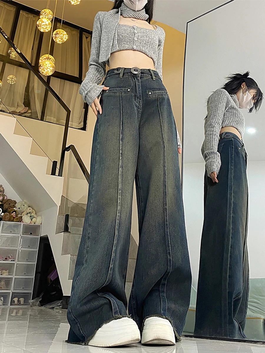 Czarne jeansy damskie plisowane denimowe Y2K moda koreańska Harajuku styl vintage boyfriend baggy luźne oversize damskie casual