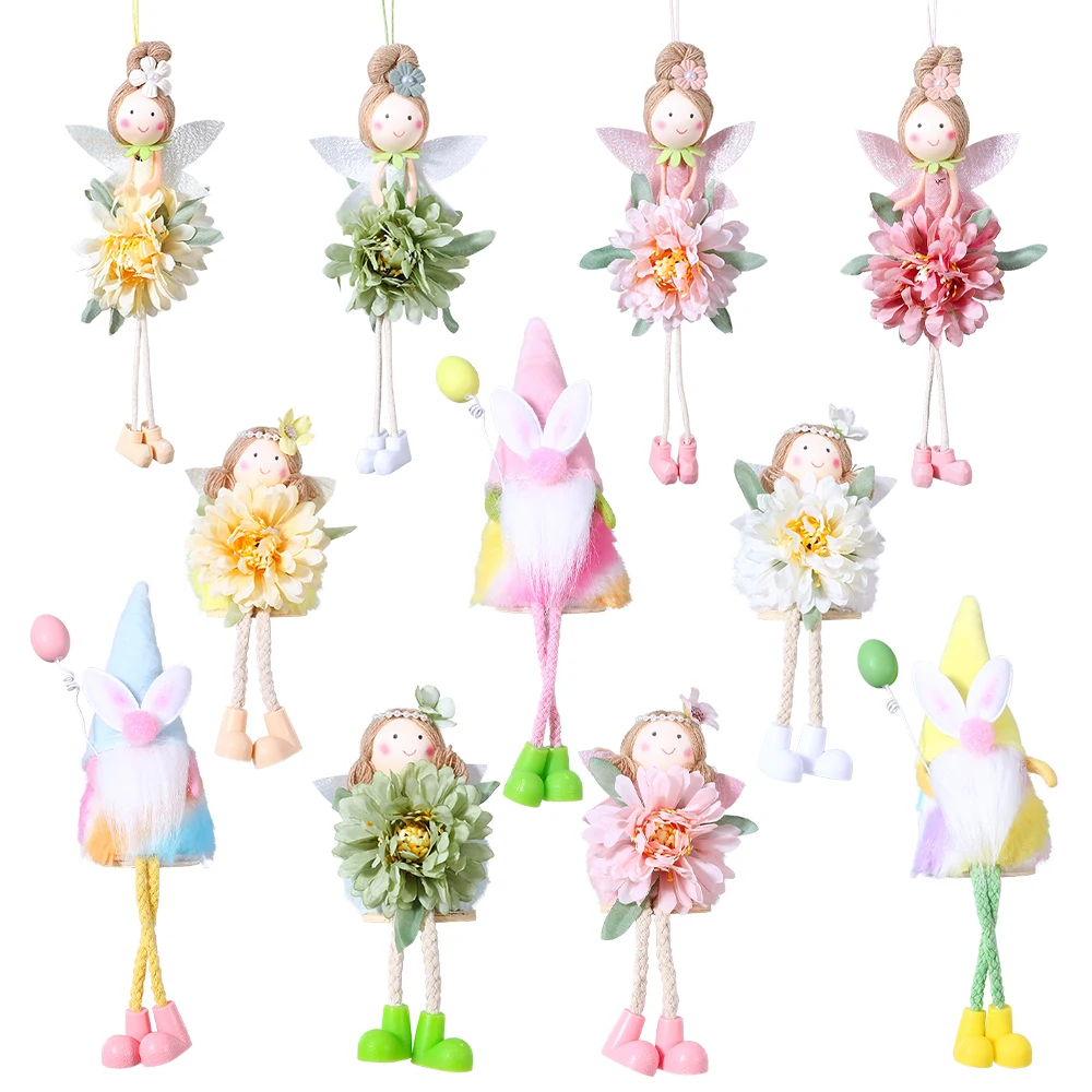 Easter Flower Fairy Ornaments Long legs Fairy Pendants Rabbit Ears Plush Gnome Dolls Decor Spring Easter Party Supplies Kid Gift