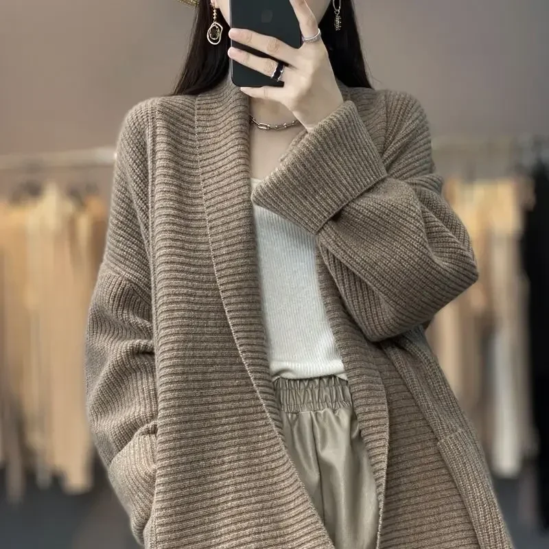 Knit Tops for Woman V-neck Cardigan Women\'s Sweater Long Autumn Winter 2024 Streetwear Trend New Knitwear Clothes Tall Designer