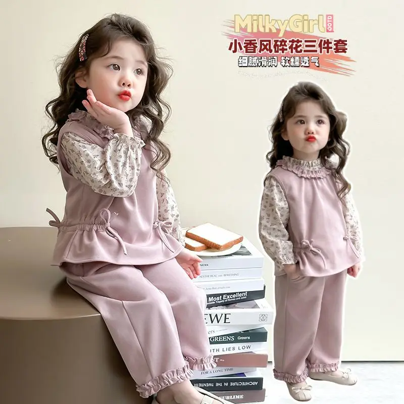 

Fashion Toddle Grils Clothes Spring Autumn Casual Vest+Floral Shirt+Pants 3Pcs Korean Version Kids Casual Princess Clothes Suits