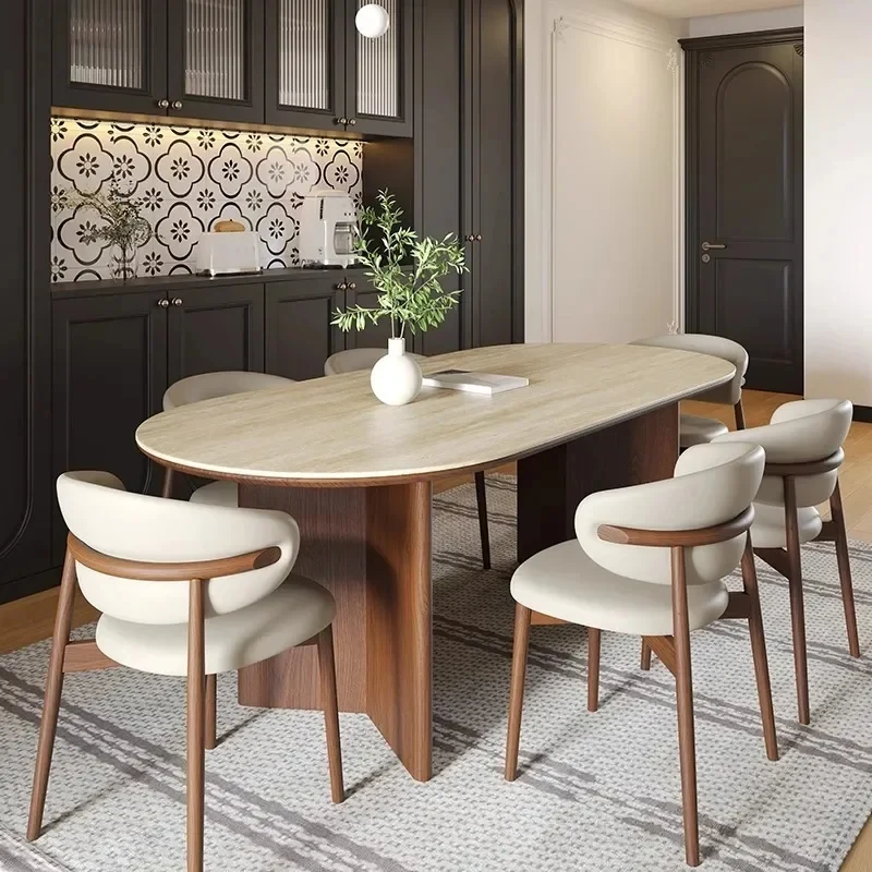 

(Marine shipping) Medieval style solid wood rock slab dining table and chair combination for small apartments, French retro oval