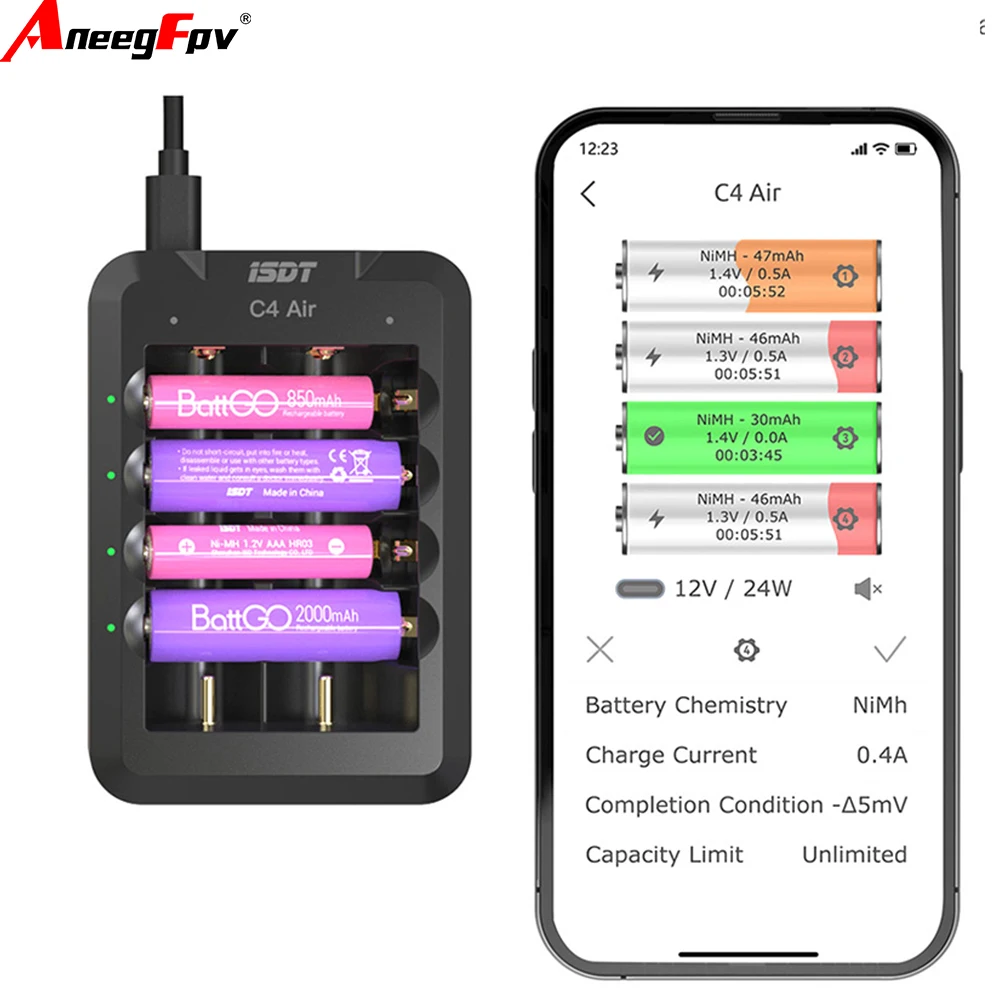 ISDT C4 Air USB Type-C 6-Bay 4A Universal Smart Charger with APP Connection for AA AAA Li-ion Rechargeable Batteries