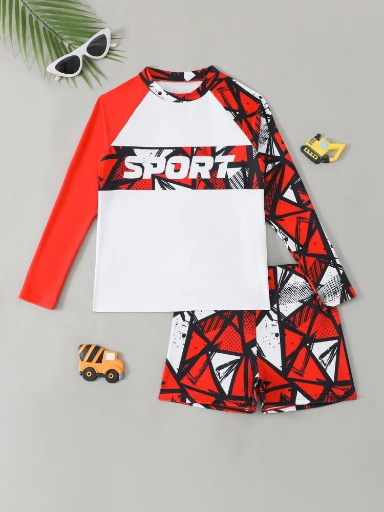 Boy Kids Swimsuit 2026 New Red Print Long Sleeves Children Swimwear Summer Two Piece Shorts Beachwear Bathing Suit For Swimming