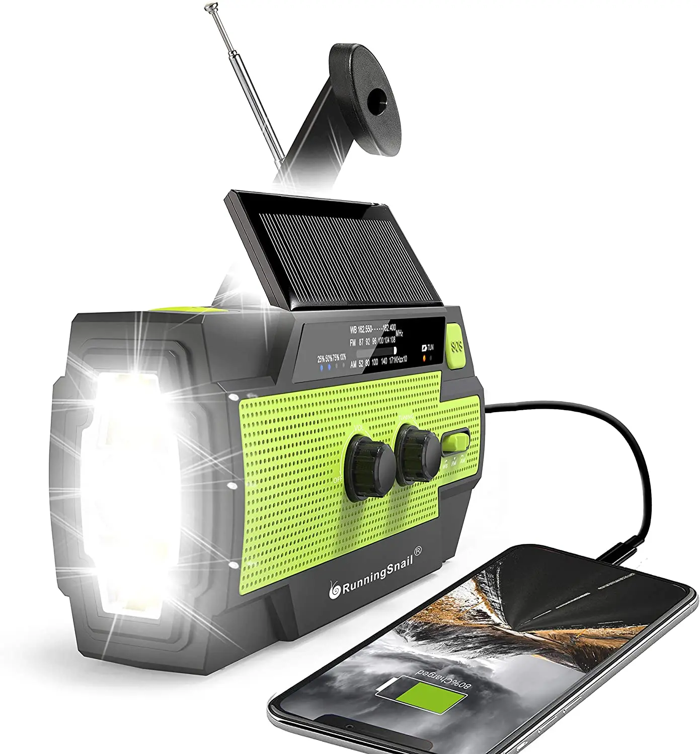 พลังงานแสงอาทิตย์ฉุกเฉิน Crank วิทยุ 4000mAh-Solar Hand Crank แบบพกพา AM/FM/NOAA วิทยุสภาพอากาศ 1W ไฟฉาย & Motion Sensor อ่าน