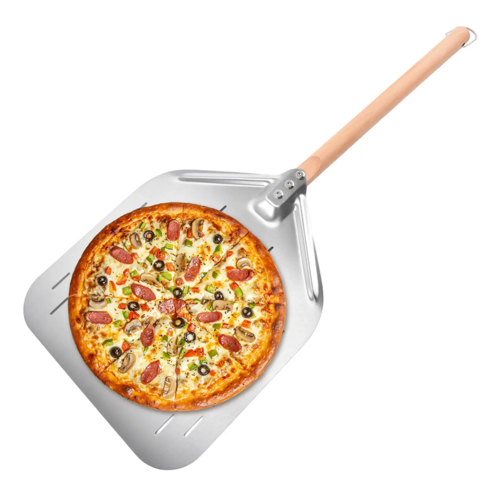 

12 Inch Stainless Steel Pizza Shovel Hollow Pizza Shovel With Wooden Handle Large Opening Baking Cake Transfer Shovel