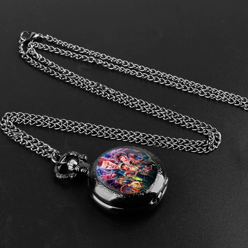 Famous Stranger Thing Glass Dome Vintage Arabic Numerals Quartz Pocket Watch Necklace Pendant Clock Chain Men Women Kids Gift