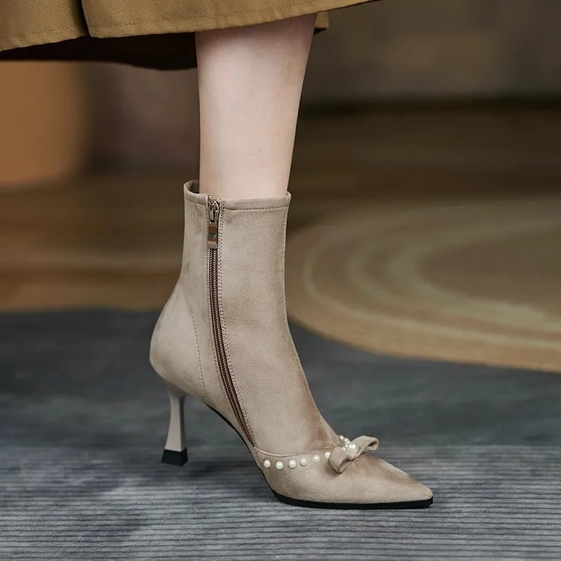 

New Pointed Toe Booties Women Stiletto French Temperament Bow Skinny Boots Autumn and Winter High Heels